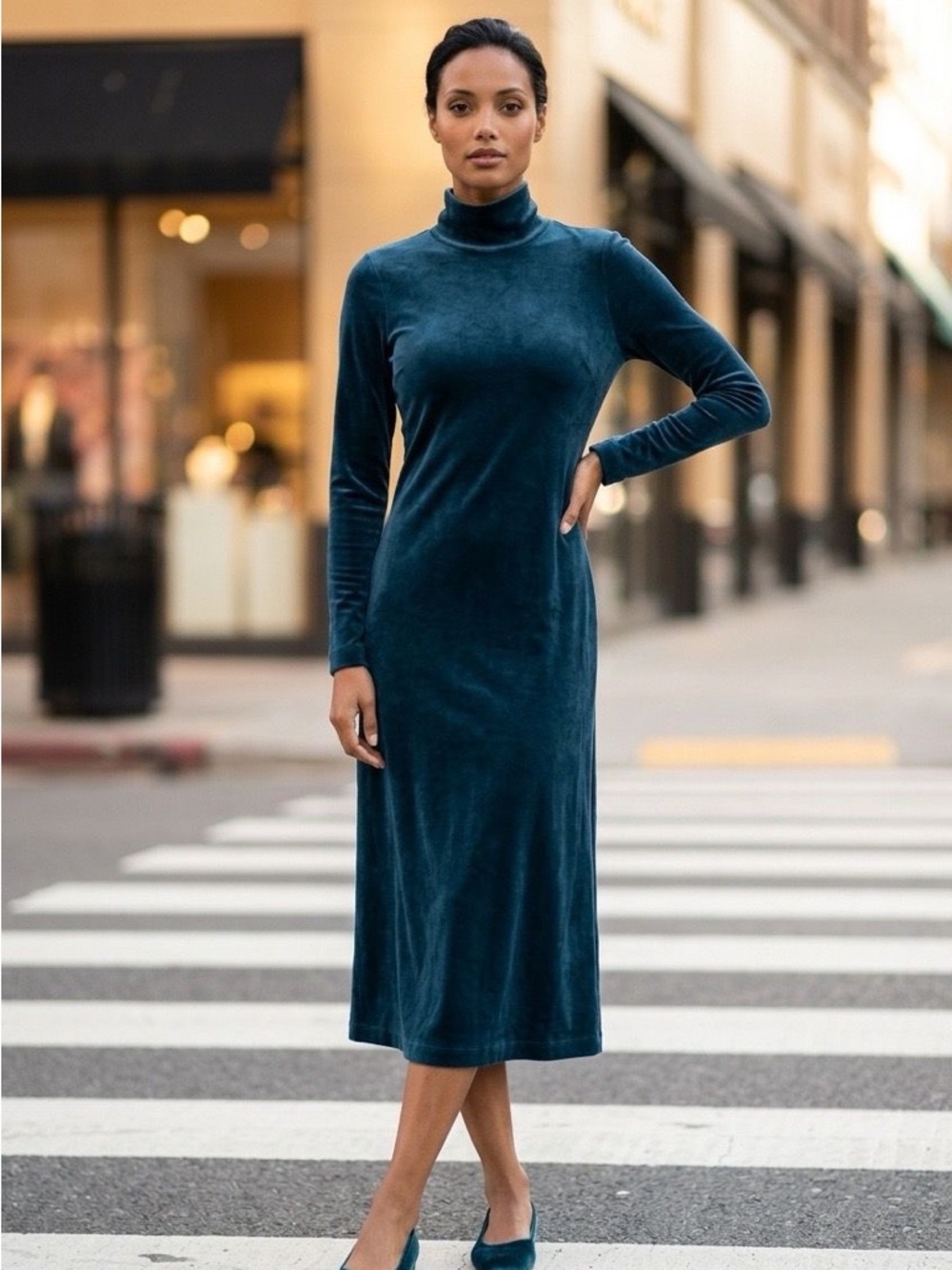 COS Teal Velvet Turtleneck Midi Dress